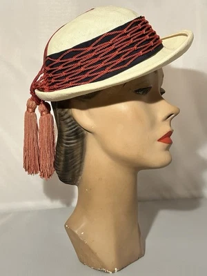 1930s Fine Weave Straw Sailor Hat With Large Tassel & Gros Grain Accents - Image 1 of 4