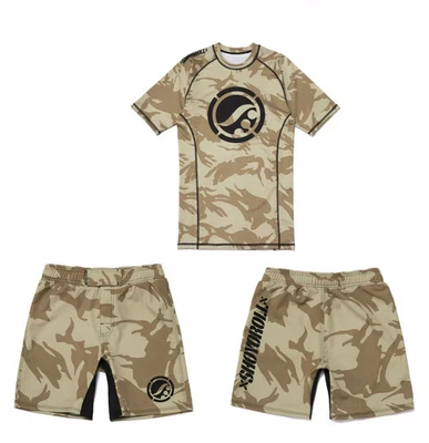 Shoyoroll Tan Camo Training Rash Guard SS & Fitted Shorts Bjj No Gi Competitor - Image 1 of 4