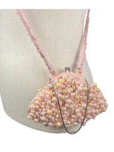 Carolee Antique Vintage Pink Ivory Pearl Kiss Lock Shabby Chic Cross Body Purse - Picture 1 of 9