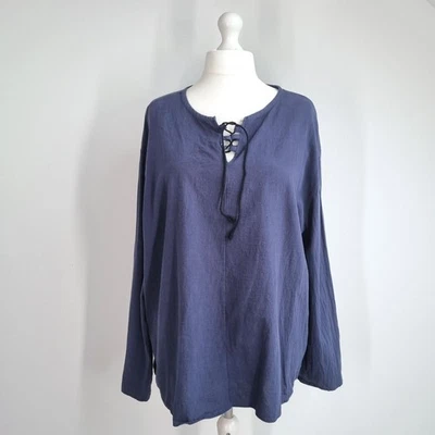 Lace Up Smock Blouse XXL Peasant Artisan Cotton Linen Navy Blue Tunic Workwear - Image 1 of 4
