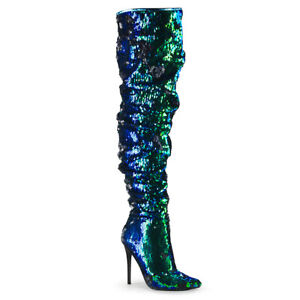 PLEASER COURTLY-3011 Womens Sexy 5" Heel Ruched Green Sequin Over The Knee Boots