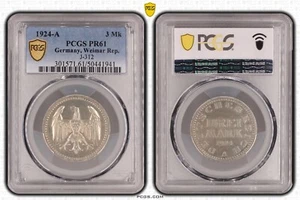 Silver Coin 3 Mark 1924 A PCGS PR61 Proof PP Very Rare nswleipzig - Picture 1 of 2