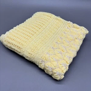 Heirloom Lace Crochet Baby Blanket Yellow White Christening Vintage Keepsake - Picture 1 of 12