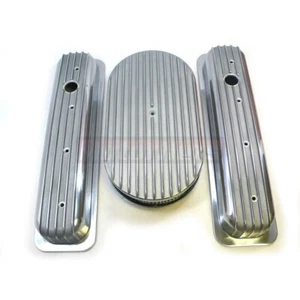 Cubiertas de válvula de perno central de aleta de aluminio corta Chevy SBC + kit de vestir para limpiador de aire de 15" - Imagen 1 de 4