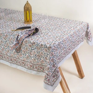Multi Color Floral Block Print Table Cloth Indian Cotton Handmade Table Cover - Picture 1 of 6