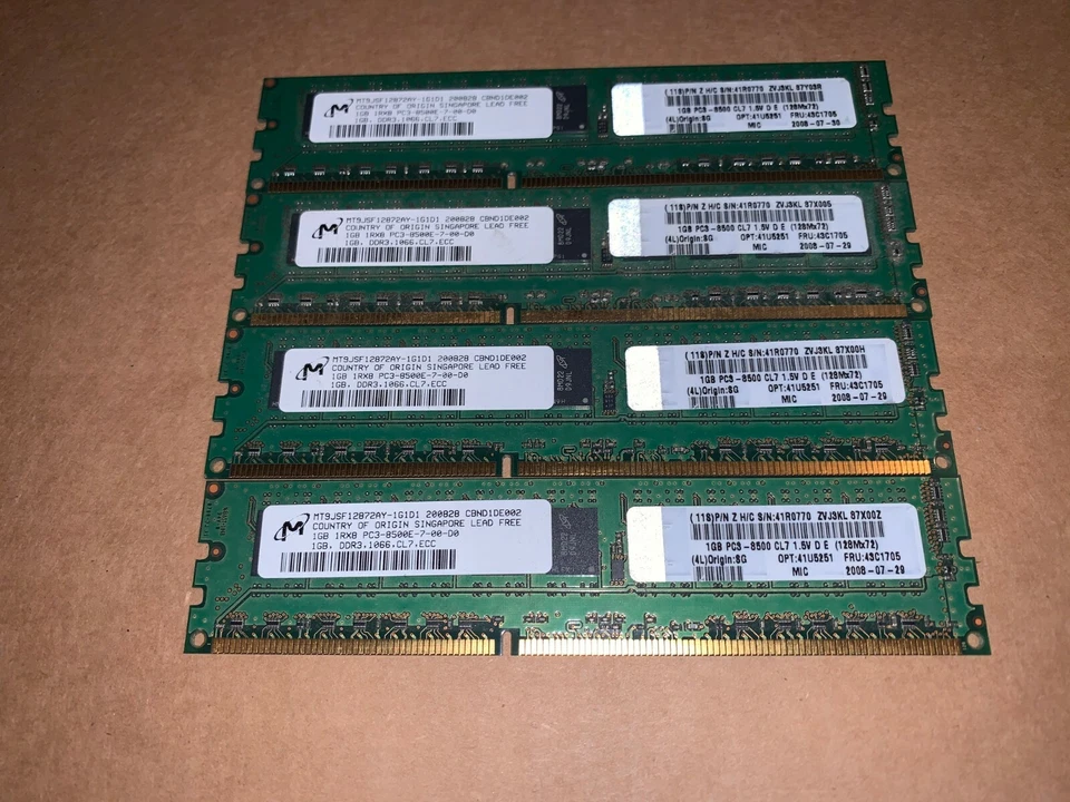 (LOT OF 4) IBM 1GB DDR3 1066 PC8500 MEMORY 43C1705 / 41U5251 / 41R0770 - Image 1 of 1