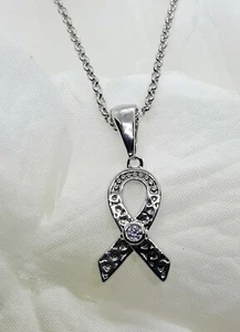 Necklace Breast Cancer Awareness Pink CZ Silver Plated Ribbon And Chain 18 inch - Picture 1 of 8