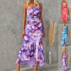 Flowers Print One-shoulder Dress Summer INS Casual Suspender Long Dresses Womens - Picture 1 of 6