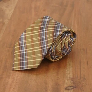Ted Baker London Mens Tie Necktie Silk Designer Gold Bronze Blue Plaid Striped - Picture 1 of 9