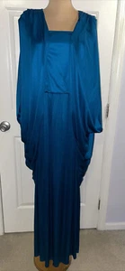 Vintage 70s Disco Fever Emerald Green Satin Studio 54 Maxi Dress Sz 11/12 - Picture 1 of 10