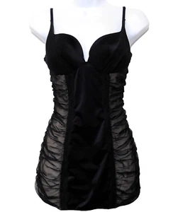 Victorias Secret Mini Slip Gown 34B Padded Bra Dress Black Sheer Ruched On Nude - Picture 1 of 11