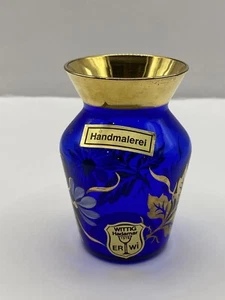 Wittig Hadamar 1919 ERWi Echt Cobalt Blue Flower Gold Vase 3.5” Original Tag - Picture 1 of 8