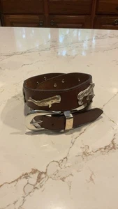 Vintage HONEST Brown Leather Belt W/ Silver Animals 28 - Picture 1 of 8