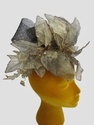 Kokin Bronze Gold Leaf Fascinator Whimsy Hat Cocktail Party Sheer Gold Dot Tulle - Image 1 of 4