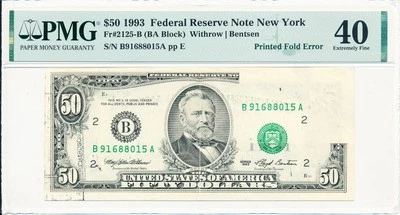 Federal Reserve Note New York USA  $50 1993 Printed Fold Error PMG 40 - Image 1 of 2