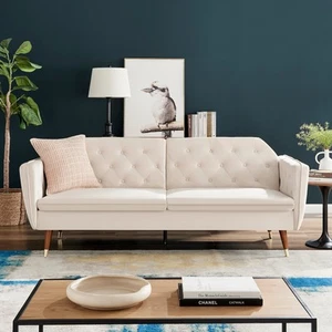 3 Seater Sofa Bed Cream Velvet Button Back - Victoria - Picture 1 of 6