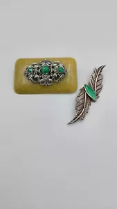 Art Deco Silver Galalith Glass Revival Brooch & Vintage Glass Silver Brooch - Picture 1 of 8