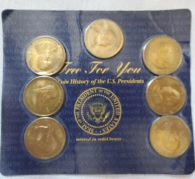 7pc 1997 READERS DIGEST HISTORY OF THE U.S. PRESIDENTS SOLID BRASS COIN SET - Image 1 of 4