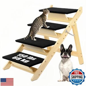 Foldable Dog Stairs/Ramp with 4 Steps - Durable Wooden Pet Stairs for Small, - Picture 1 of 5