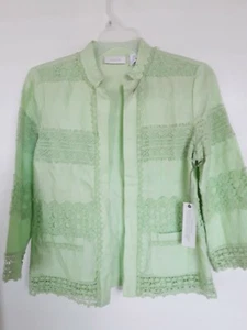 Chicos Size 00 Open Front Eyelet Jacket Applemint 3/4 Sleeve 100% Linen  NWT - Picture 1 of 3