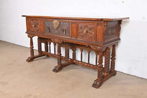 Antique Berkey & Gay English Jacobean Ornate Carved Walnut Sideboard, 1920s Cover