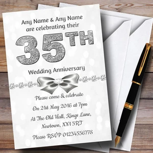 White Bokeh Silver Glitter 35Th Personalised Anniversary Party Invitations - Picture 1 of 1