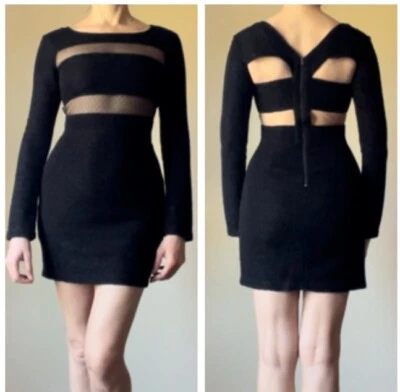 BCBGeneration Crinkled Black Bodycon Mesh Inserts Cutouts Stretch Dress XS/2/4 - Image 1 of 4