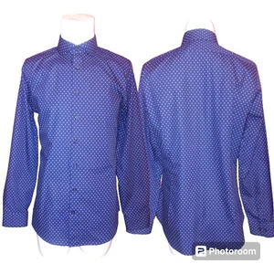 Express Navy Gray Polka Dot Slim Fit Long Sleeve Mens Shirt Size M 15-15.5 - Picture 1 of 3