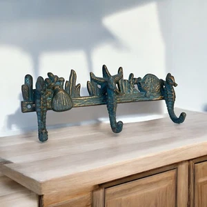 Cast Iron Turquoise Patina Seahorse 3-Hook Wall, 11.2" - Picture 1 of 2