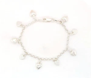 CHARM BRACELET STERLING SILVER LENGTH 7” PUFFY +FLAT HEARTS valentines love gift - Picture 1 of 5