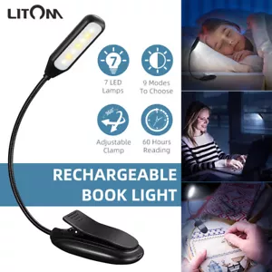 LED Book Reading Light Clip on Bed 3 Brightness 3 Light Colour Rechargeable Lamp - Picture 1 of 12