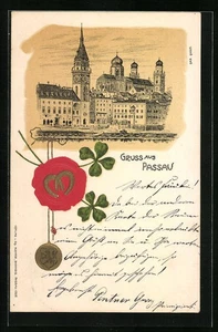 Präge-Lithographie Passau, Rathaus und Kirche 1900  - Picture 1 of 2