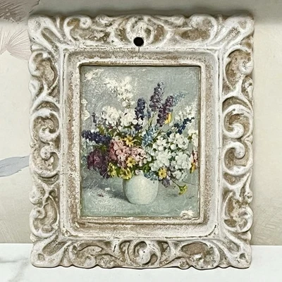 Vtg Floral Bouquet in Vase Impressionist Mini 5" x 6" Composition Framed Print - Image 1 of 4