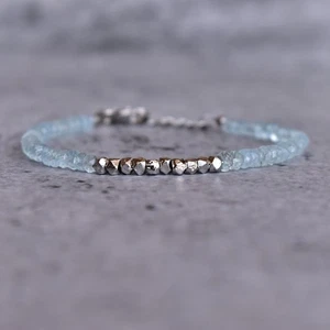 Silver Pyrite & Aquamarine Faceted Rondelle 3-5MM Gemstone Beaded Bracelet 6-8" - Picture 1 of 9