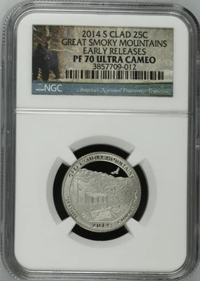 2014 S Silver 25c Great Smoky Mountains PF70 Ultra Cameo Coin  Slot 11   box32 - Image 1 of 2