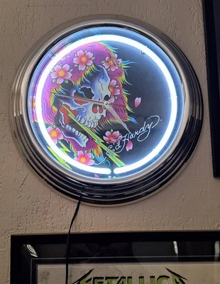 Ed Hardy Wall Clock Chrome Round Neon Light ghost Skull 14.5" includes AC Cord - Image 1 of 4