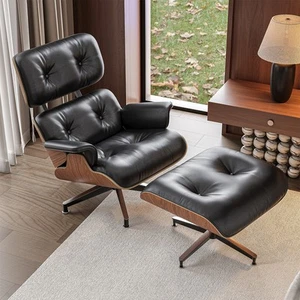 Tall Walnut Eames Lounge Chair and Ottoman Footstool Italian Leather Armchair - Picture 1 of 20