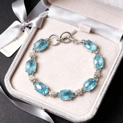 高品质 Aqua Montana 蓝宝石手链 | 6 多面椭圆形宝石 | — 第 1/4 张图片