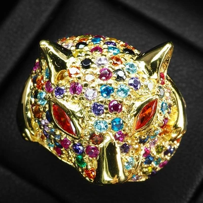 Striking Multicolor Sapphire 925 Sterling Silver 24K Gold Leopard Rings Size 8 - Image 1 of 4