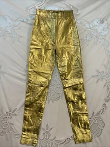 VTG 80s NWT $554 Sandro Boca Raton Designer Metallic Gold Leather Pants S XS - Picture 1 of 7