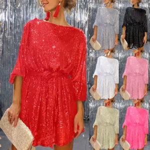 Women Sexy Sequin Glitter Mini Dress Ladies Evening Cocktail Party Dress Gown UK - Picture 1 of 29