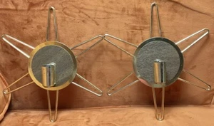 Paar 2 Vintage MCM Goldton Metall Starburst Atom Wandleuchten Kerzenhalter - Bild 1 von 8