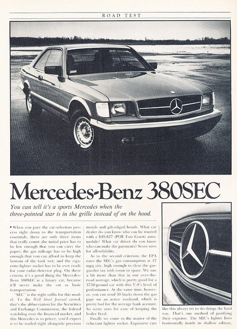 1982 Mercedes Benz 380SEC Coupe Original Car Review Report Print Article J913 Foto 1 de 3