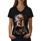 Wellcoda Japan Dragon Wolf Womens V-Neck T-shirt, Katana Graphic Design Tee
