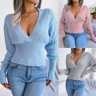 Fashion Bat Long Sleeves Sweater for Women Solid Pullover V Neck Knitted Sweater