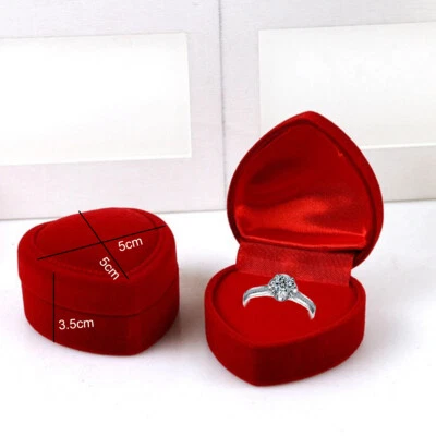 Red Love Heart Velvet Ring Box Holder Gift Romance Engagement Wedding Proposal - Image 1 of 4