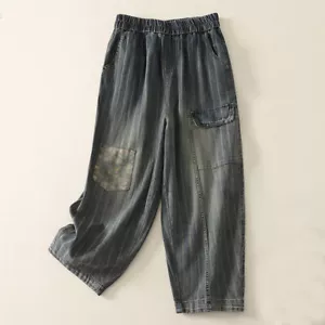 Summer Womens Denim Pants Elastic Waist Loose Harem Casual Pants Jeans - Picture 1 of 6