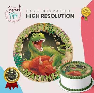 DINOSAUR (T REX & TRICERATOPS) ROUND EDIBLE CAKE TOPPER DECORATION PERSONALISED - Picture 1 of 5