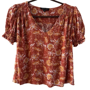 Camisa para mujer Rachel Zoe naranja quemado floral cuello en V manga corta talla XS - Imagen 1 de 9