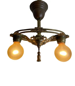 vintage hammered brass Art Deco 2 light simi- flush mount fixture - Picture 1 of 12
